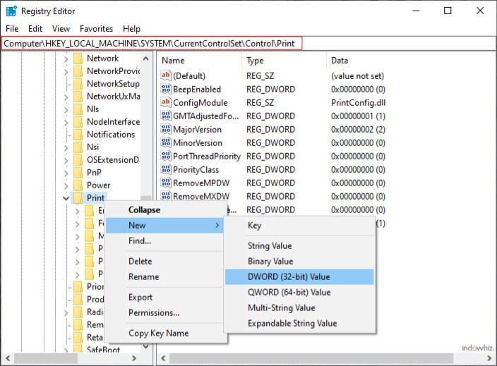 Creating a new Print setting on Windows Registry Editor.